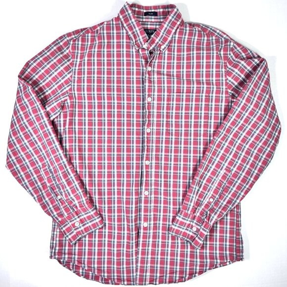 J Crew Button Down Flex Washed Shirt Mens Lg Slim Red Plaid Preppy Collegiate - Picture 1 of 10